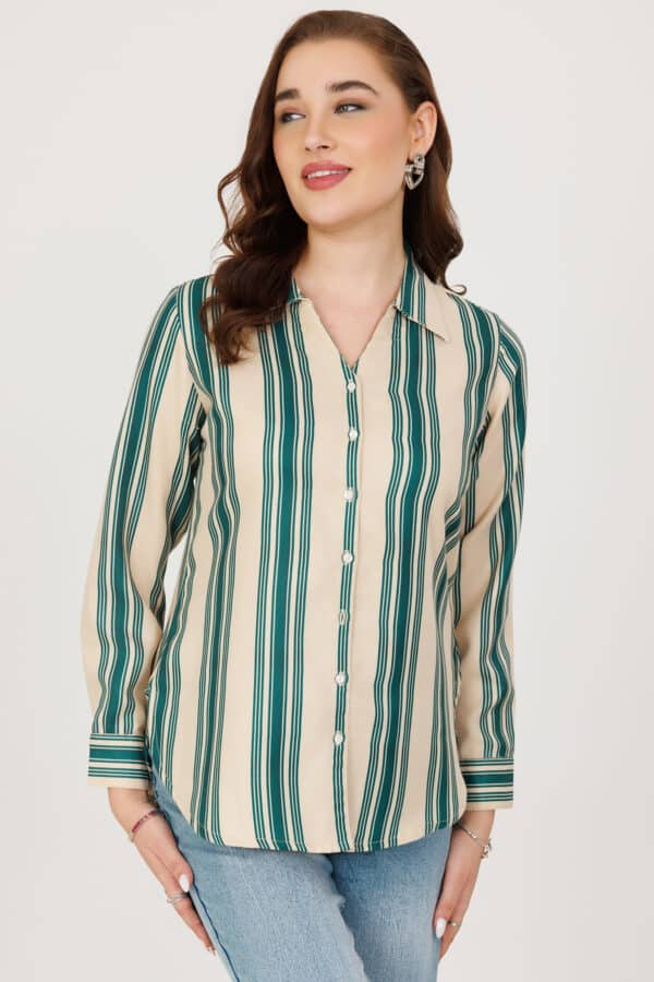 Green & Beige Pashmina Stripe Winter Shirt with Full Sleeves