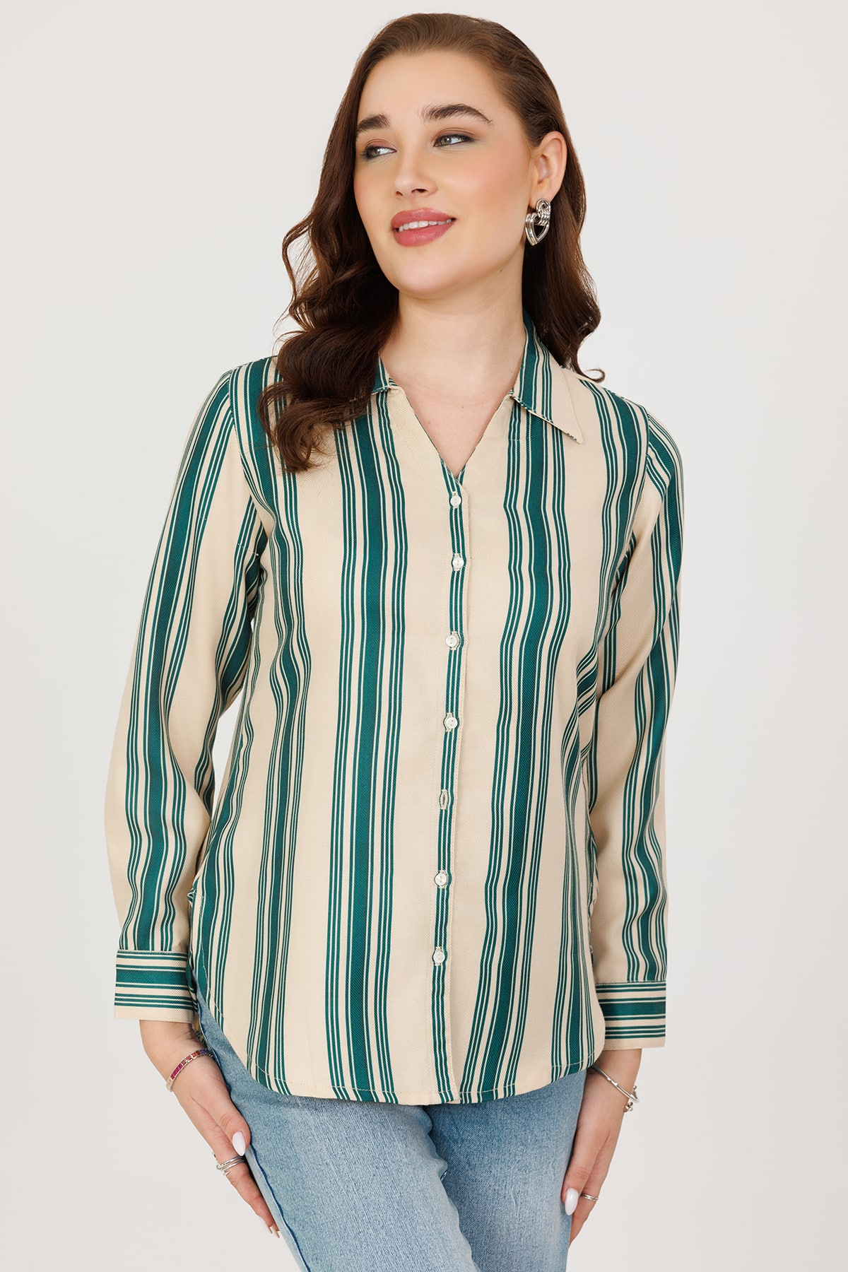 Green & Beige Pashmina Stripe Winter Shirt with Full Sleeves
