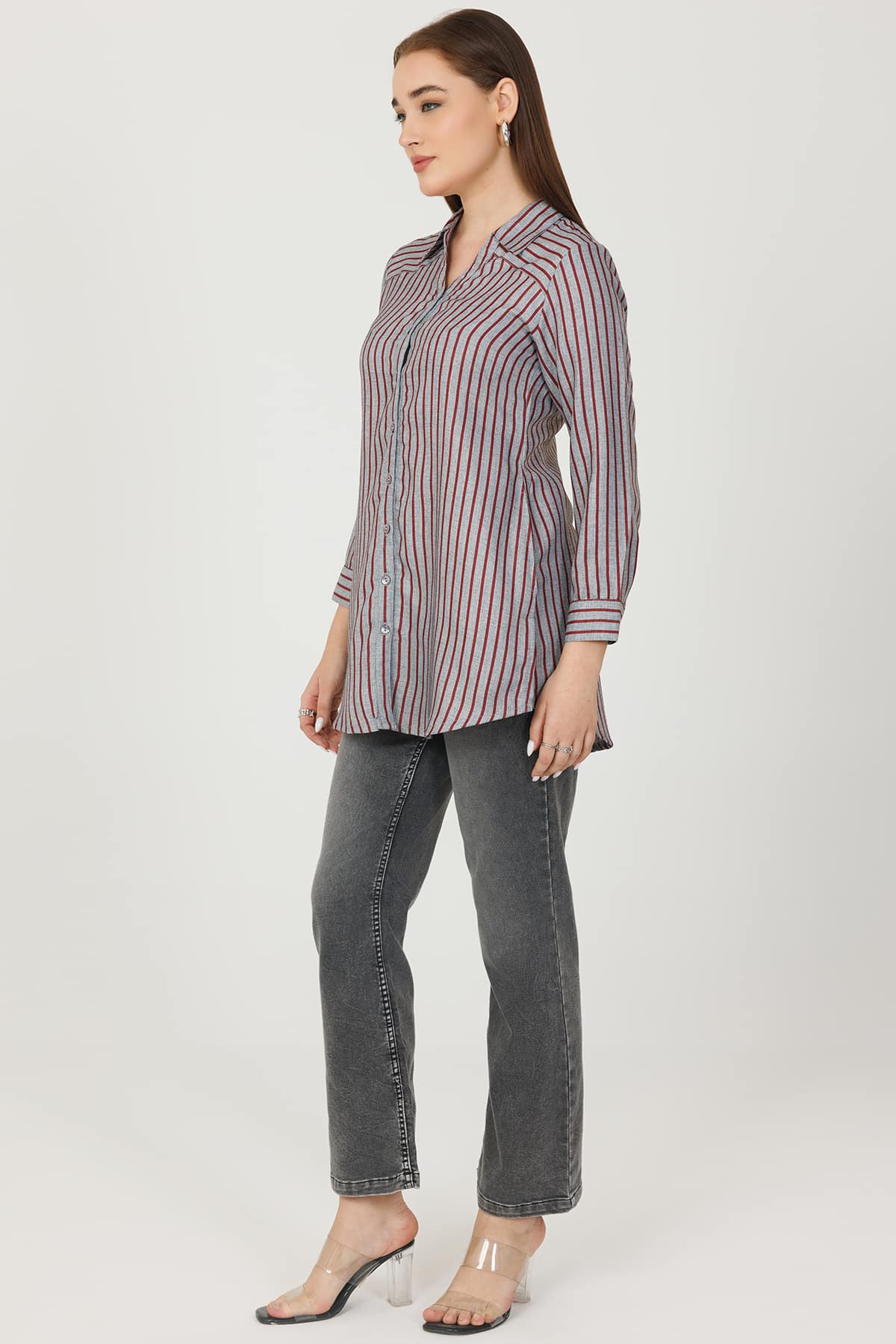 Maroon and Grey Pashmina Striped Shirt Women