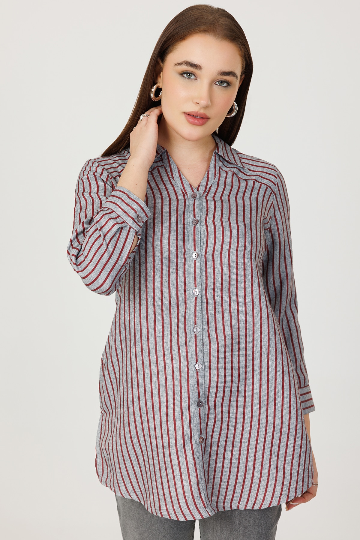 Maroon and Grey Pashmina Striped Shirt Women