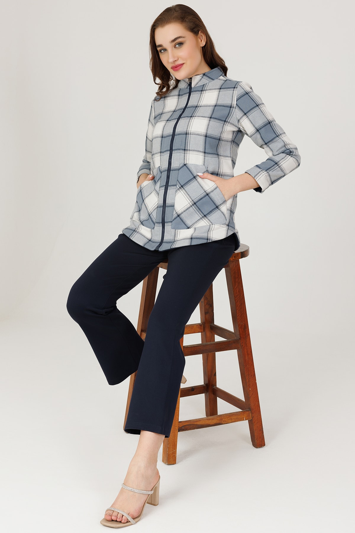Checks Blue Winter Wear Jacket For Women