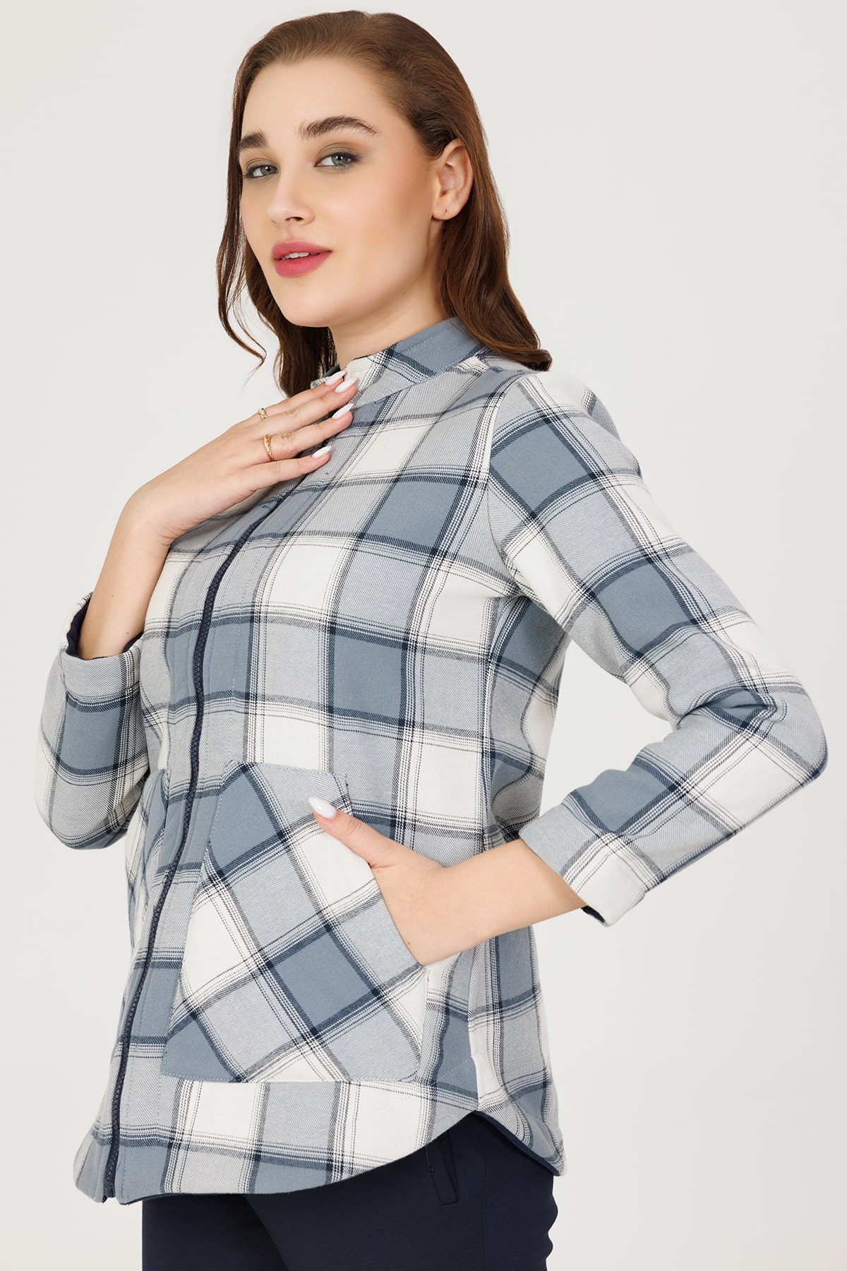 Checks Blue Winter Wear Jacket For Women