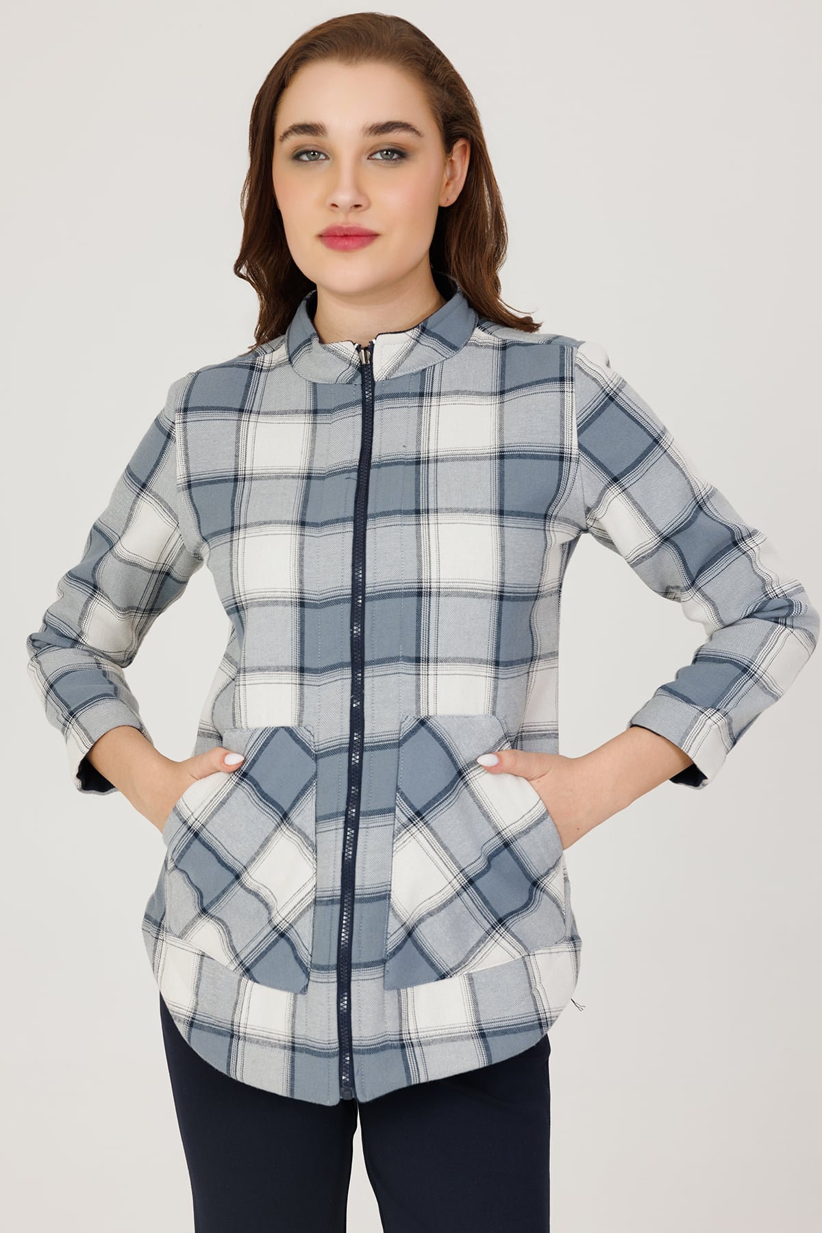 Checks Blue Winter Wear Jacket For Women