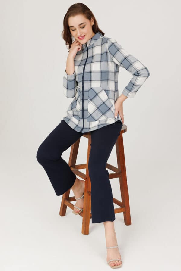 Checks Blue Winter Wear Jacket For Women