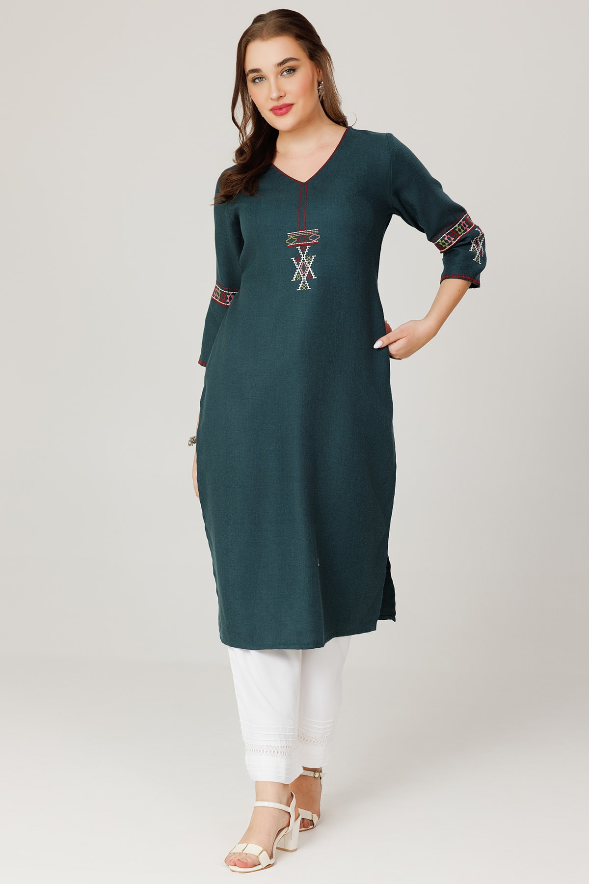 Teal Green Embroidered Pashmina Winter Kurti - Image 2