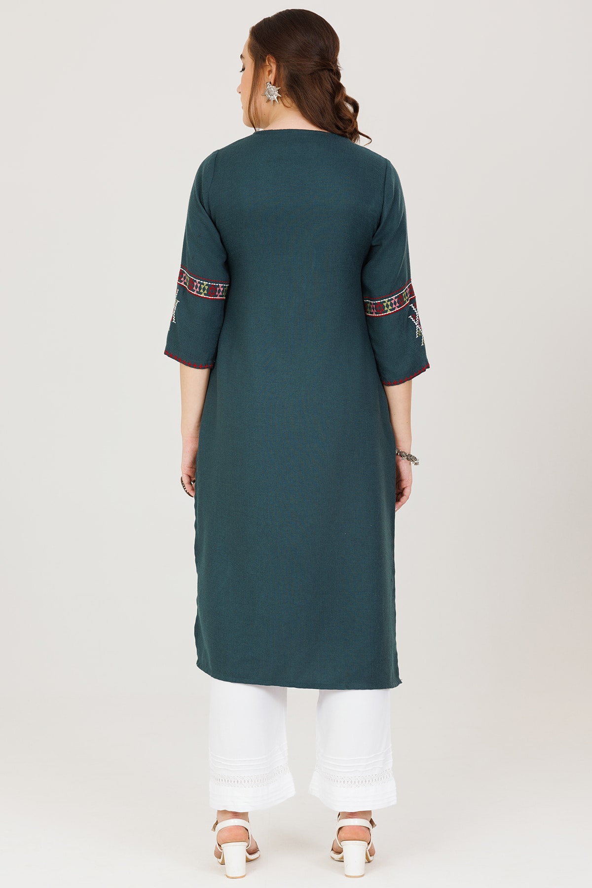 Teal Green Embroidered Pashmina Winter Kurti - Image 7