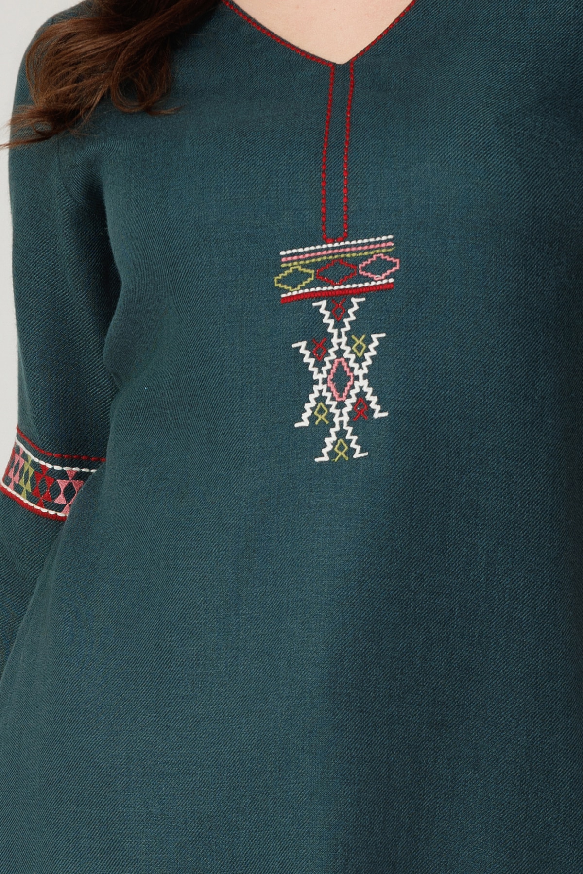 Teal Green Embroidered Pashmina Winter Kurti - Image 6
