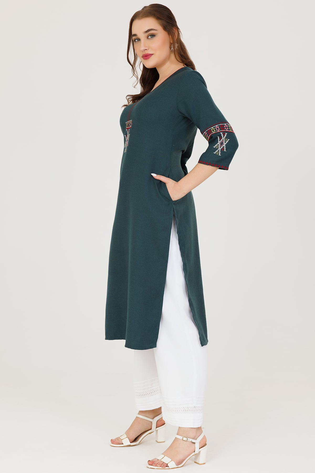 Teal Green Embroidered Pashmina Winter Kurti - Image 4