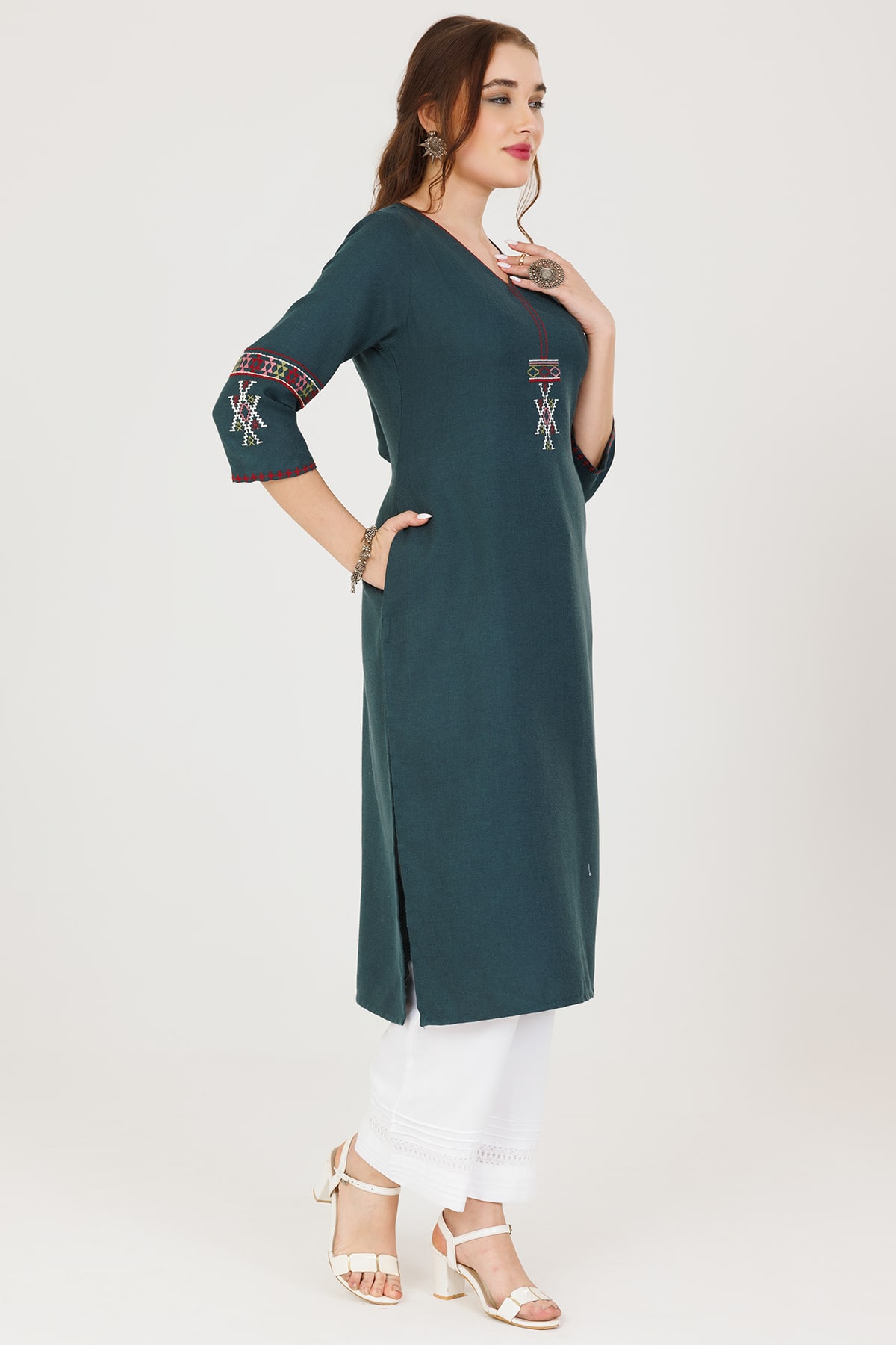 Teal Green Embroidered Pashmina Winter Kurti - Image 3