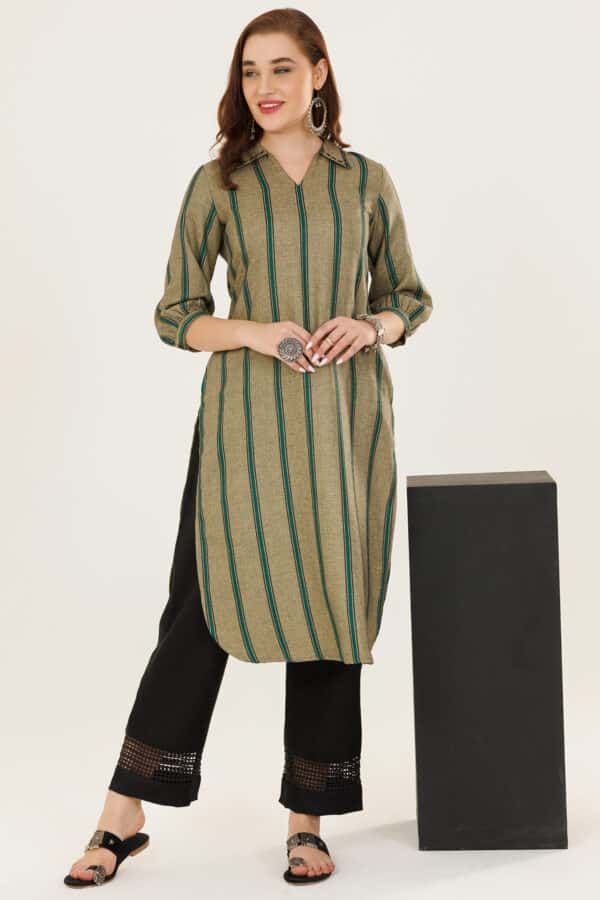 Green Striped Pashmina Winter Kurti For Women
