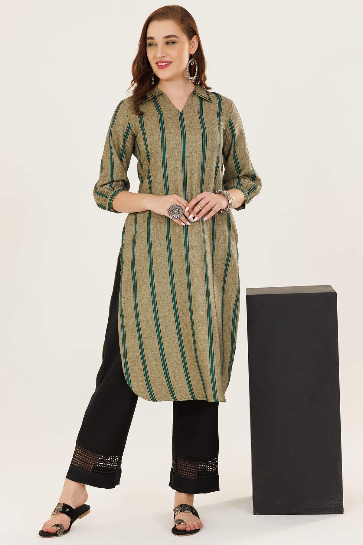 Green Striped Pashmina Winter Kurti For Women
