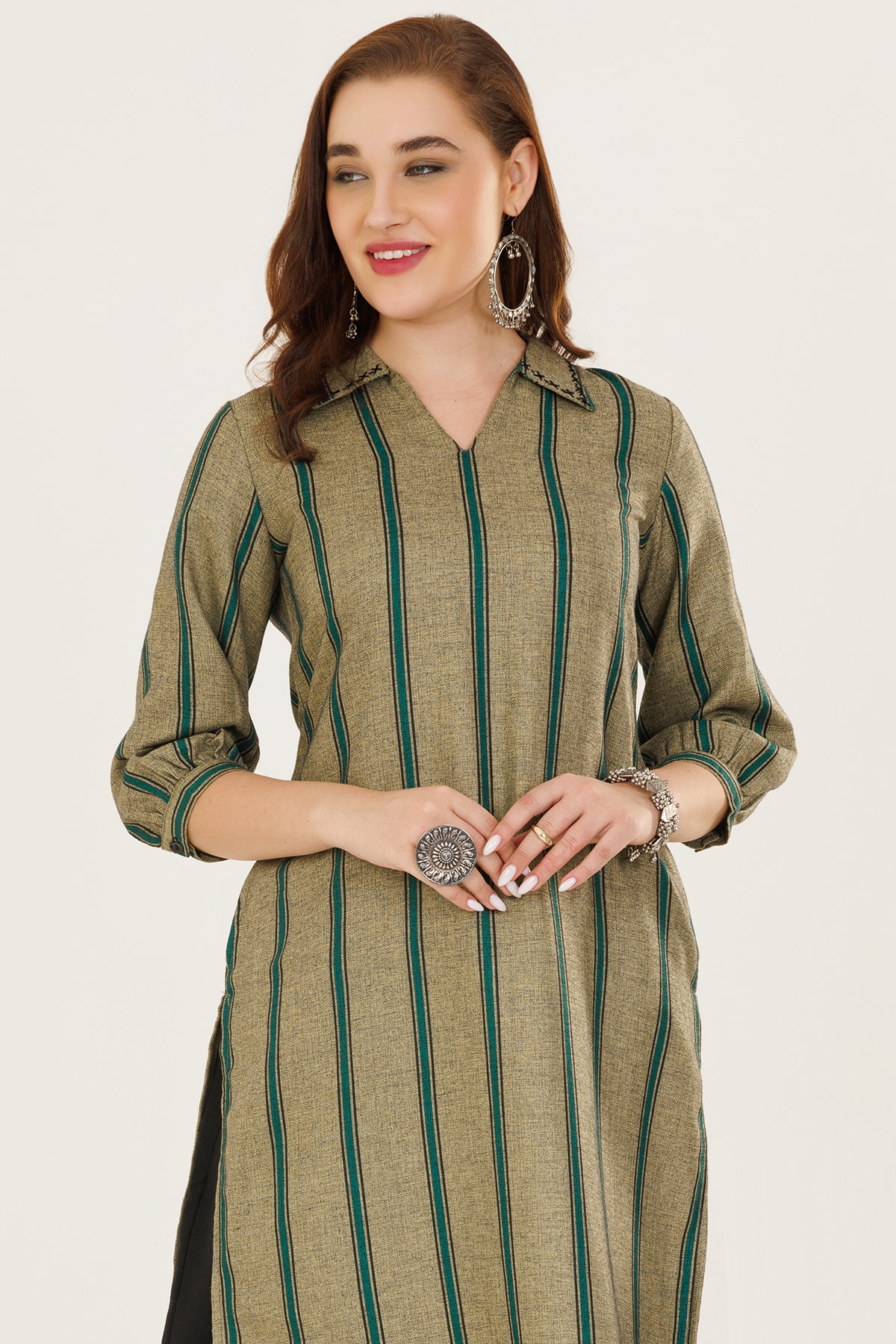 Green Striped Pashmina Winter Kurti For Women