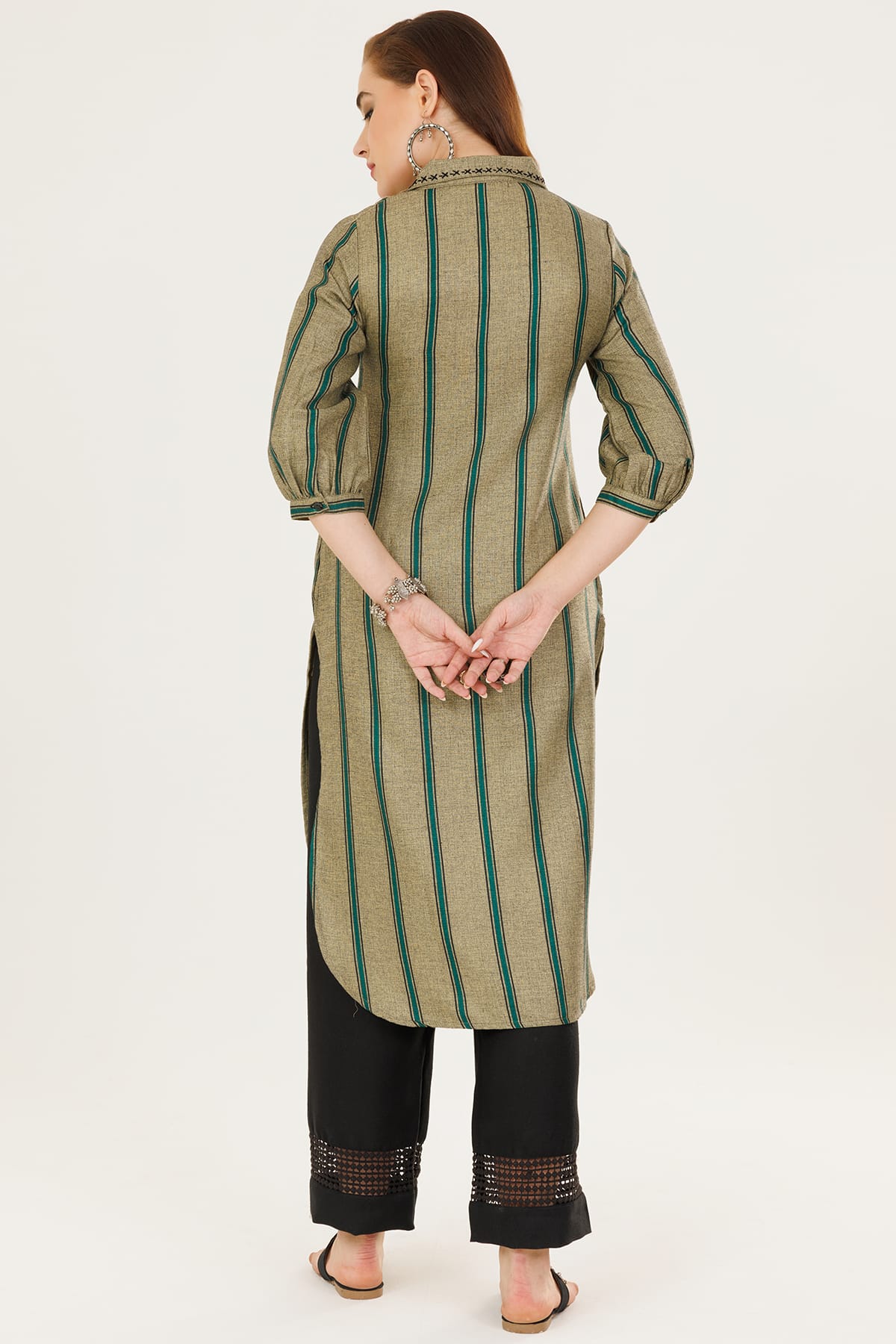 Green Striped Pashmina Winter Kurti For Women