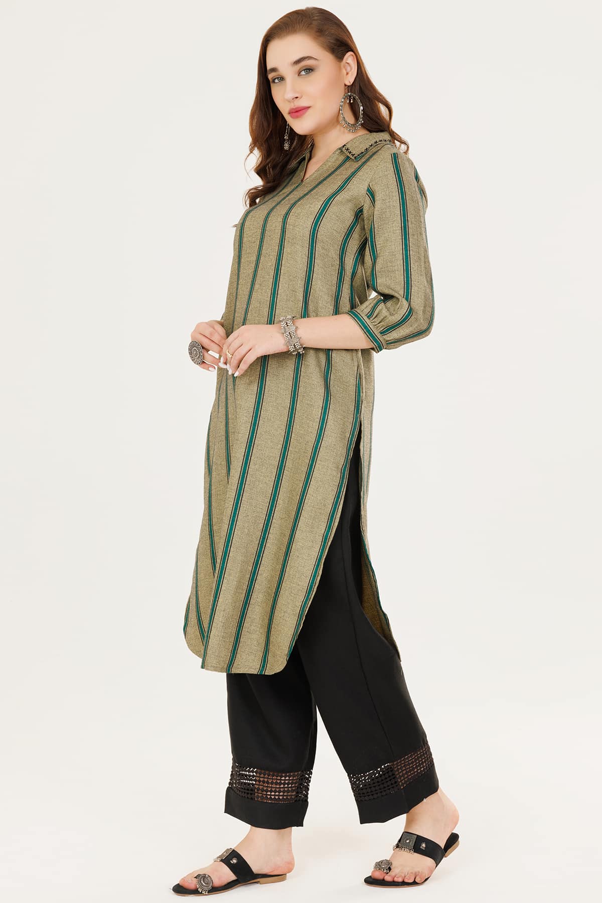Green Striped Pashmina Winter Kurti For Women