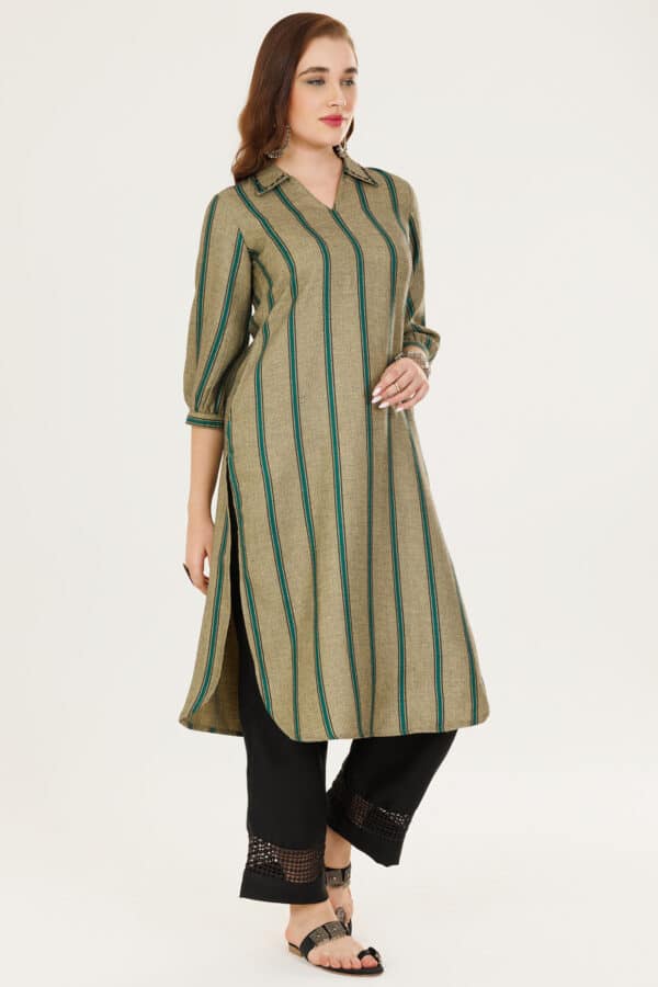 Green Striped Pashmina Winter Kurti For Women