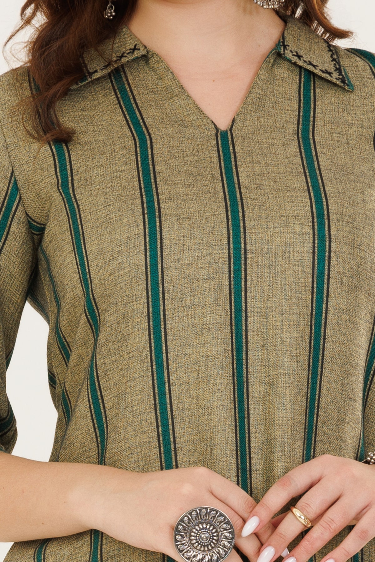 Green Striped Pashmina Winter Kurti For Women
