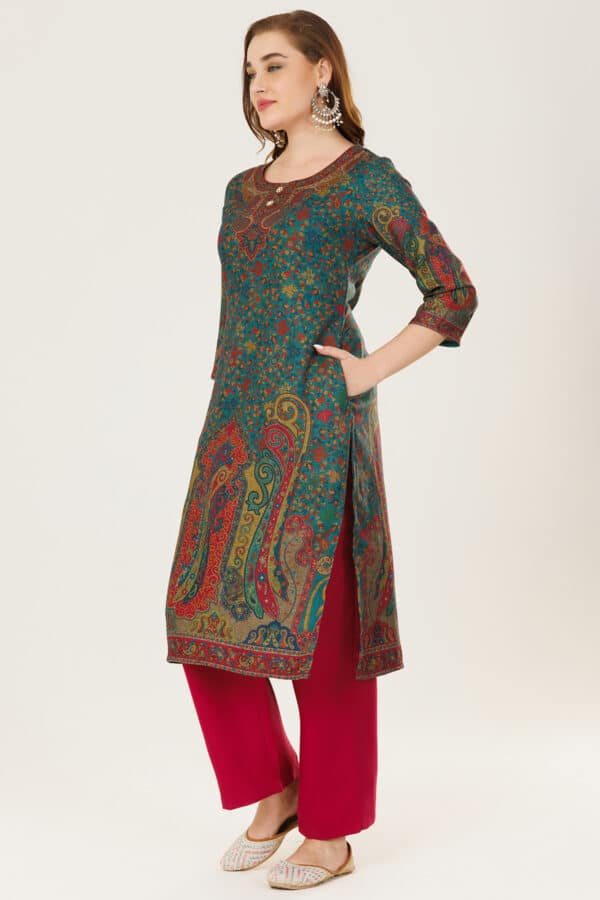 Printed Winter Blue Pashmina Kurti For Women