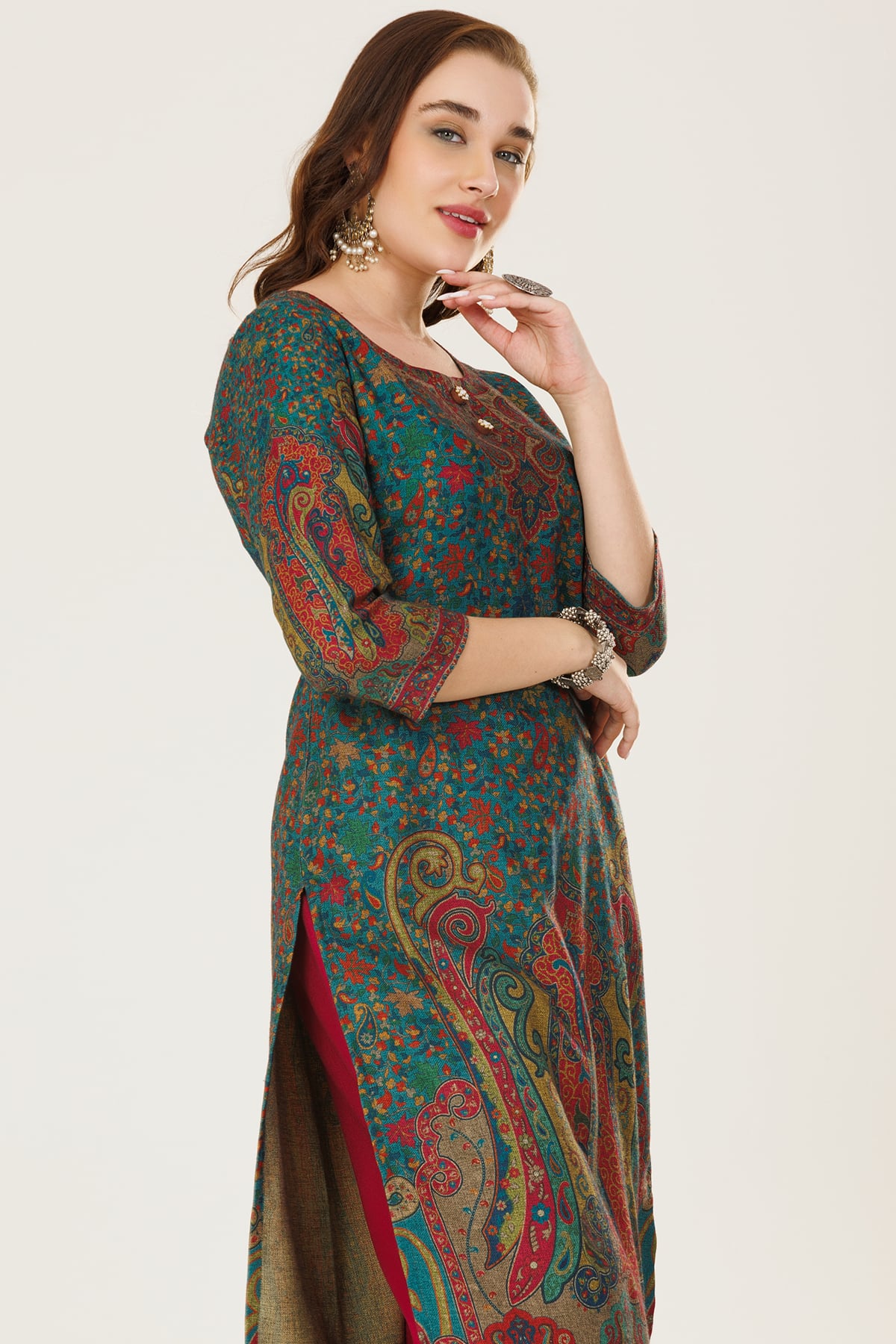 Printed Winter Blue Pashmina Kurti For Women