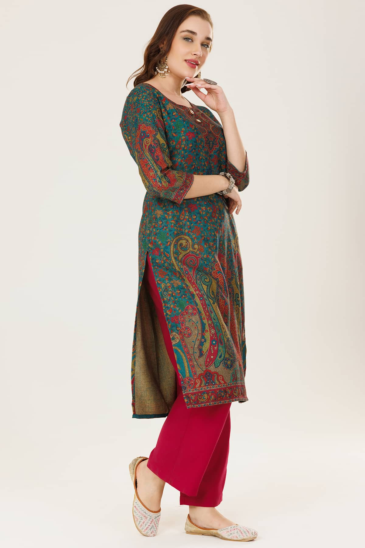 Printed Winter Blue Pashmina Kurti For Women