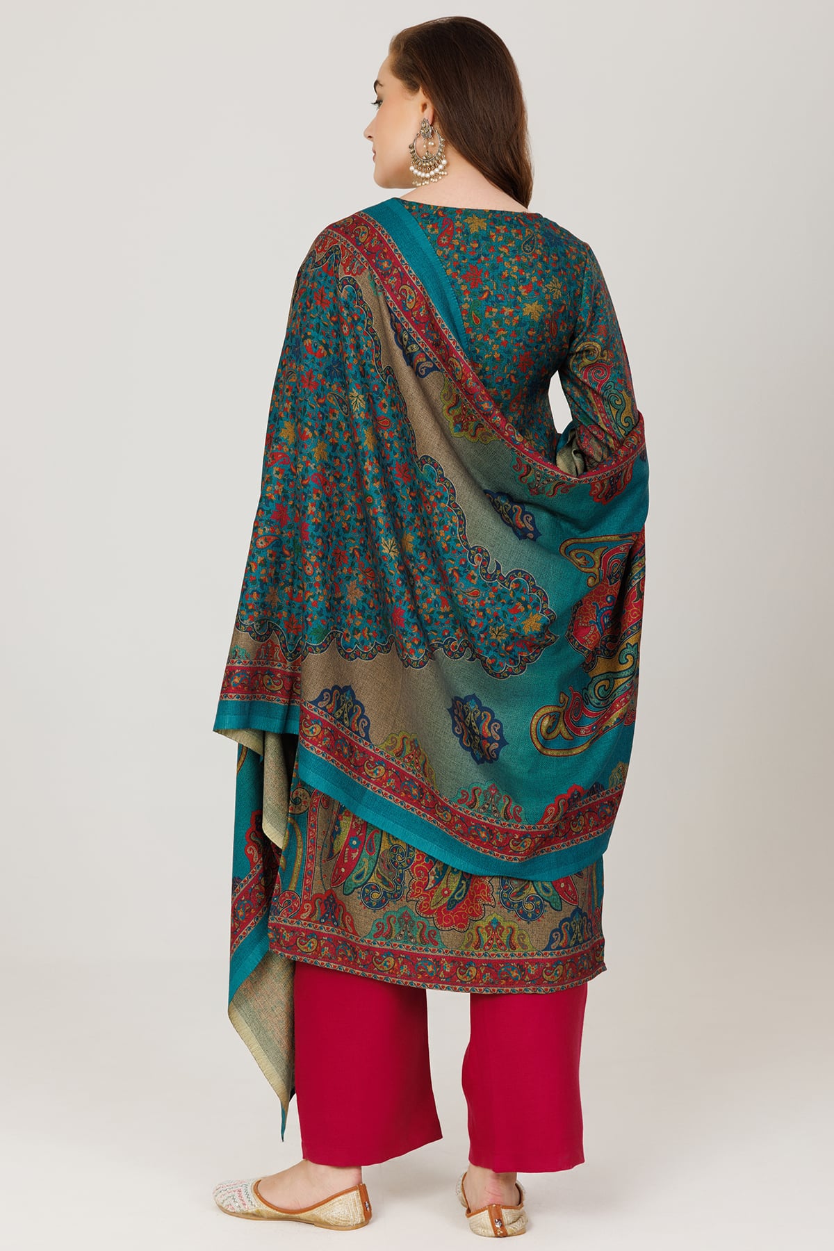 Printed Winter Blue Pashmina Kurti For Women