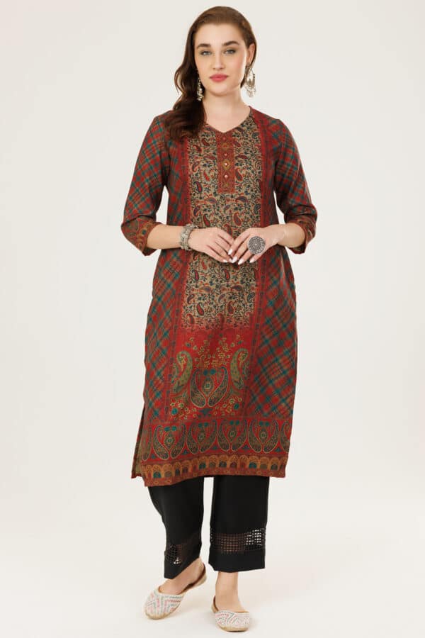 Winter Pashmina Dark Red Kurti For Women
