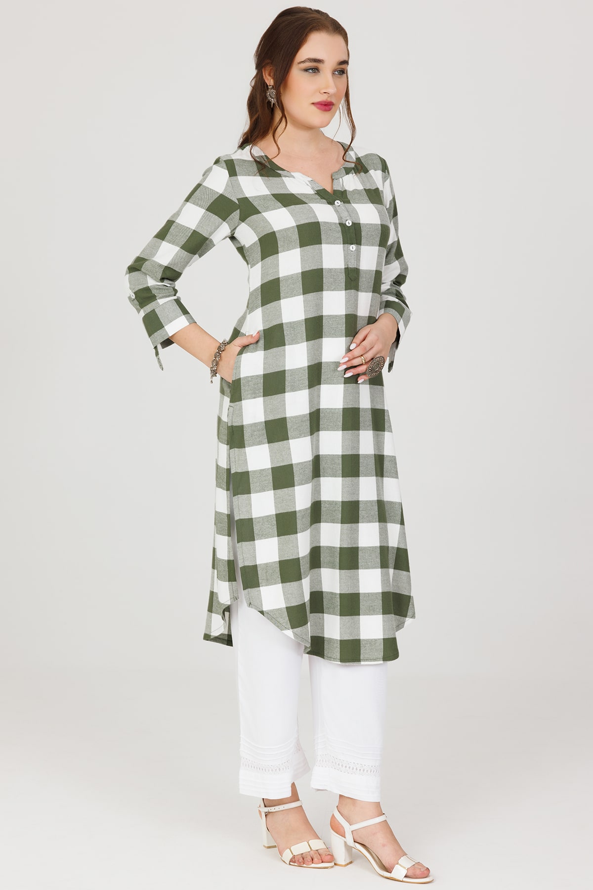 White Winter Kurti in Twill with 3/4th Sleeves - Image 2