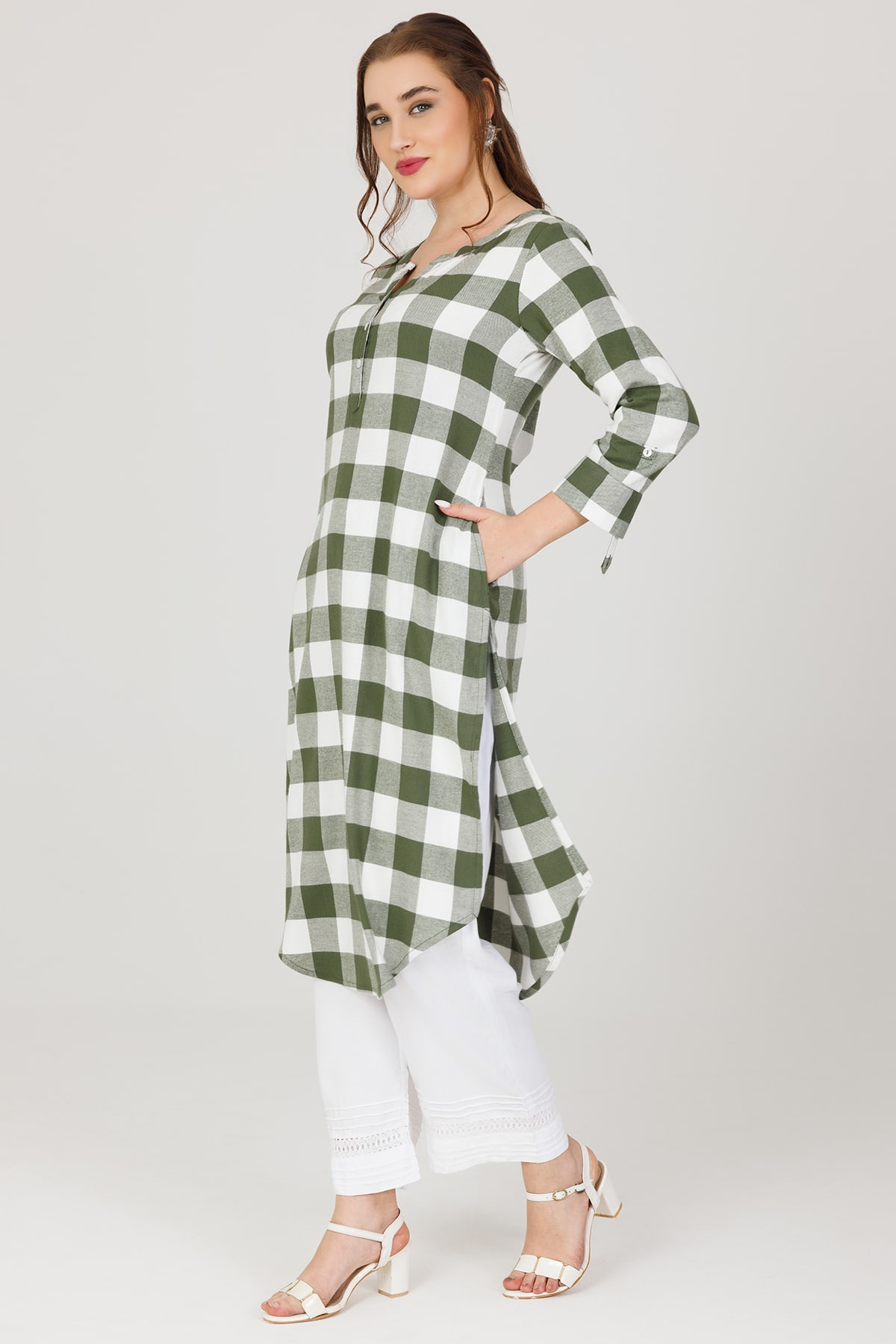 White Winter Kurti in Twill with 3/4th Sleeves - Image 3