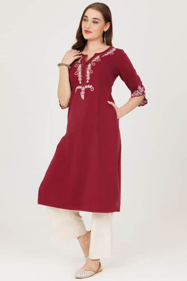 Maroon Embroidered Kurtis For Women