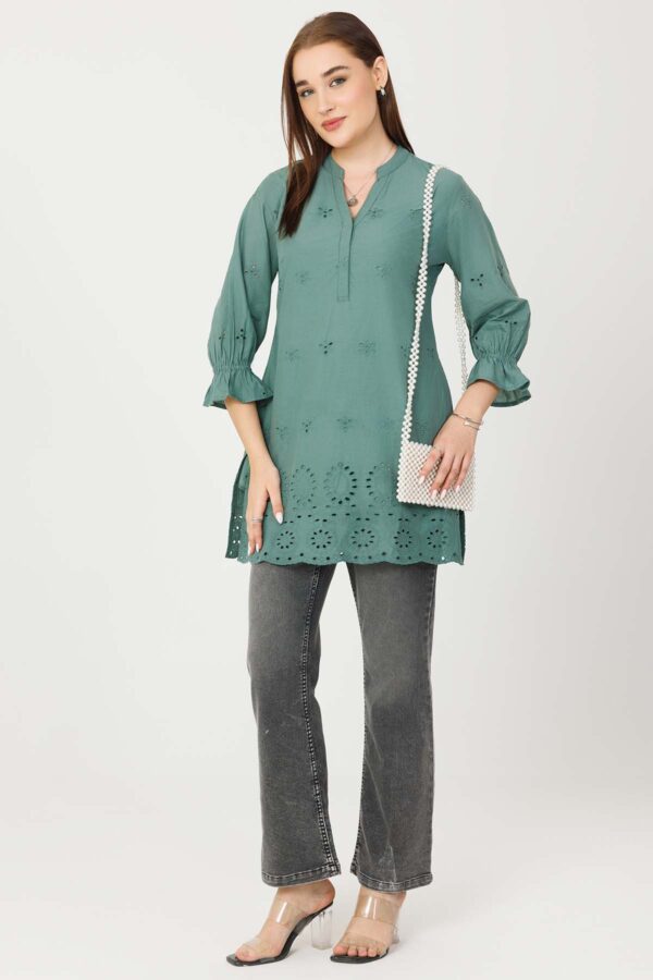 Vintage Teal Embroidered Tunic For Ladies