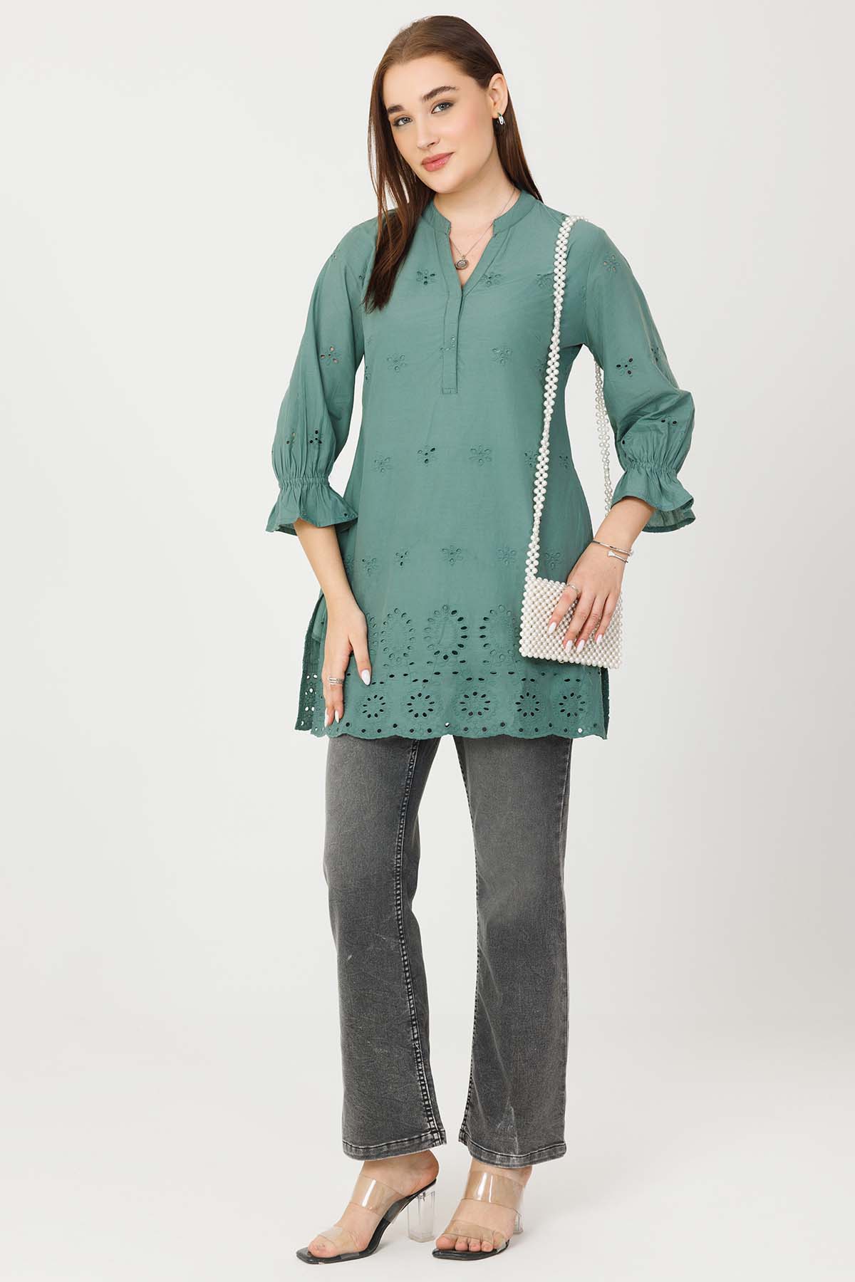 Vintage Teal Embroidered Tunic For Ladies