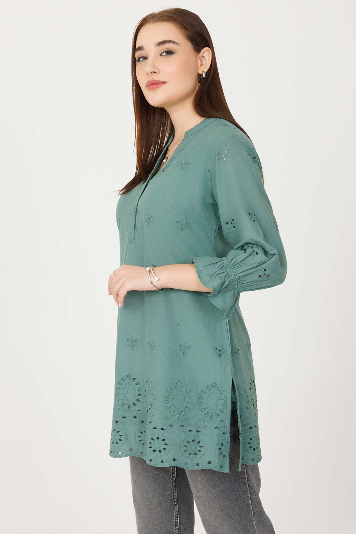 Vintage Teal Embroidered Tunic For Ladies