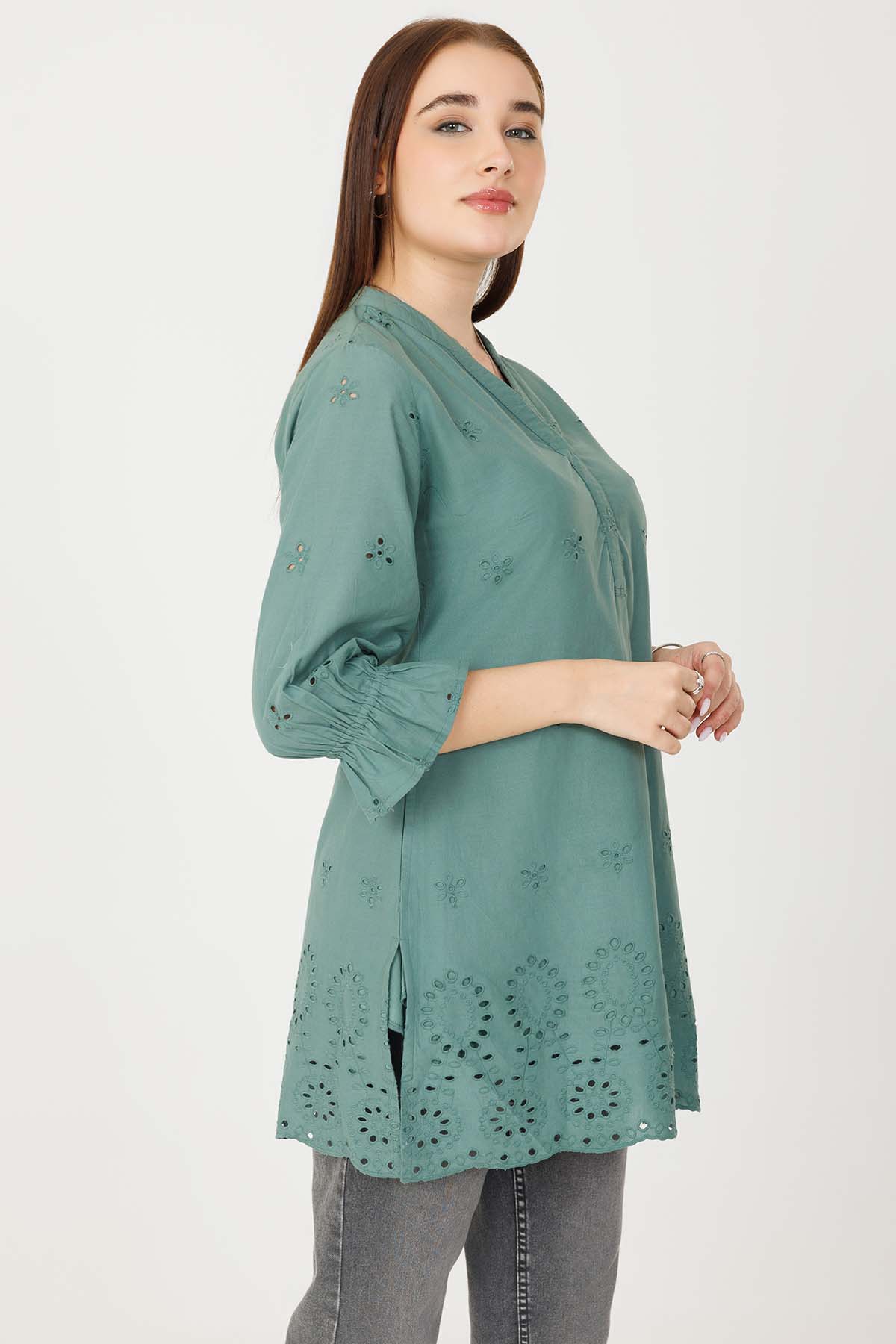 Vintage Teal Embroidered Tunic For Ladies