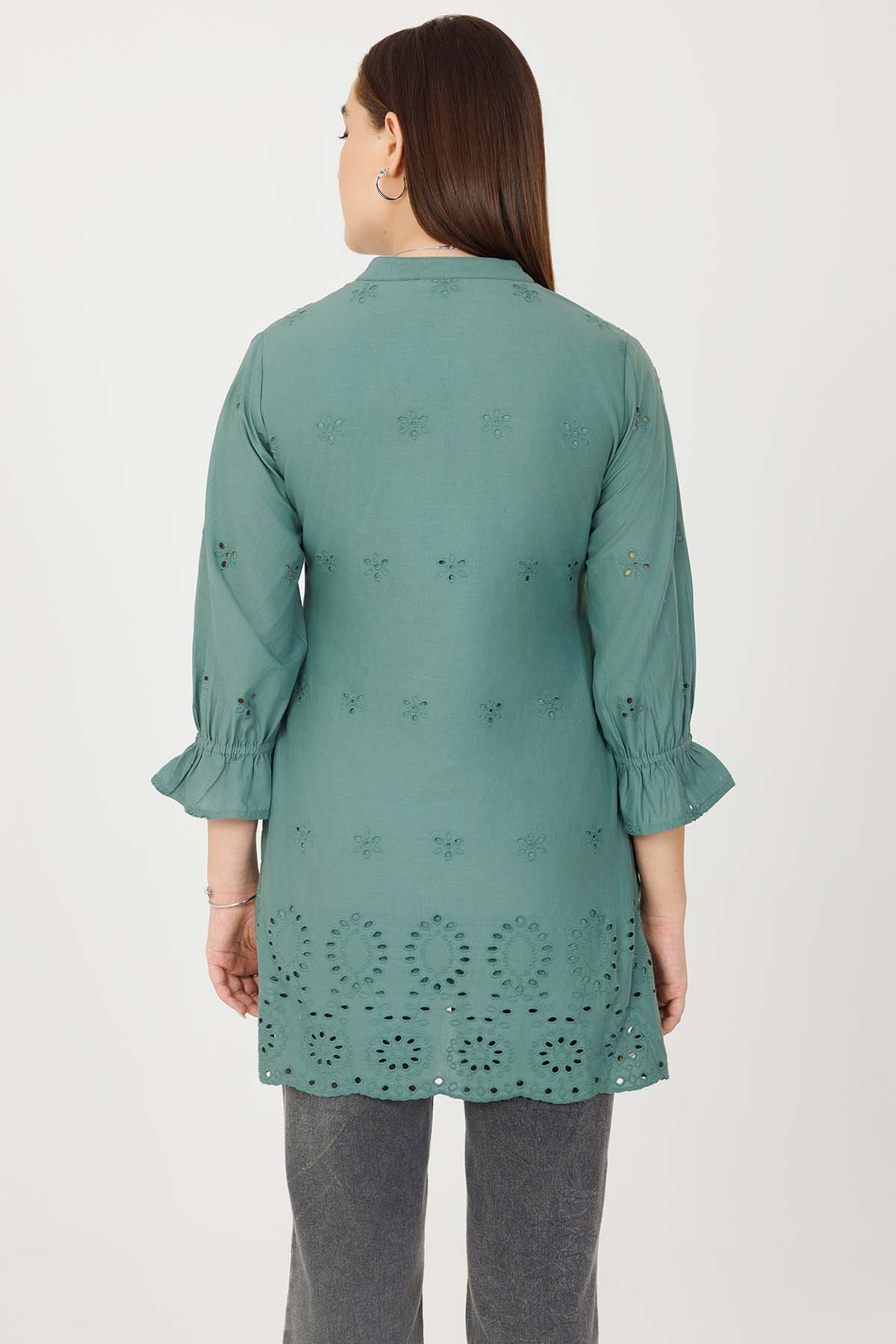 Vintage Teal Embroidered Tunic For Ladies