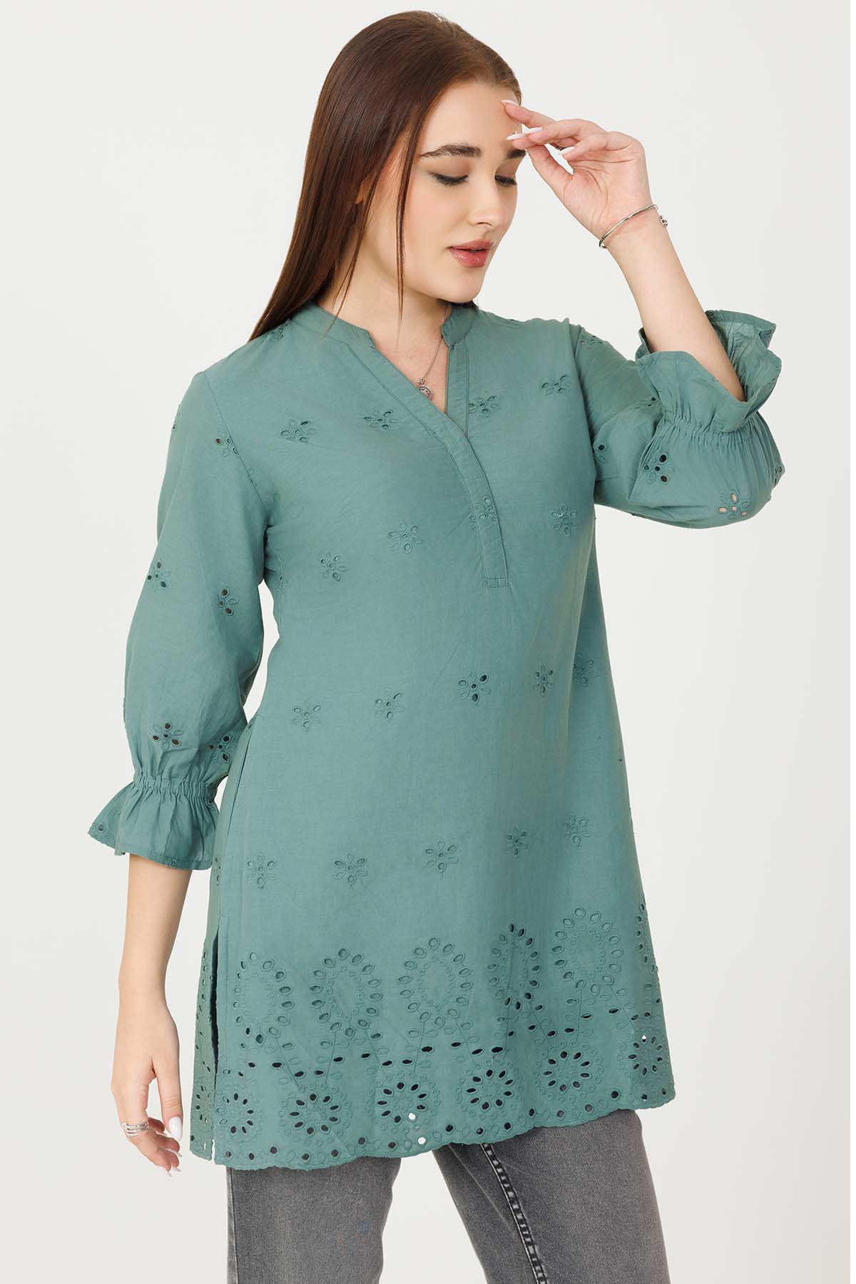 Vintage Teal Embroidered Tunic For Ladies