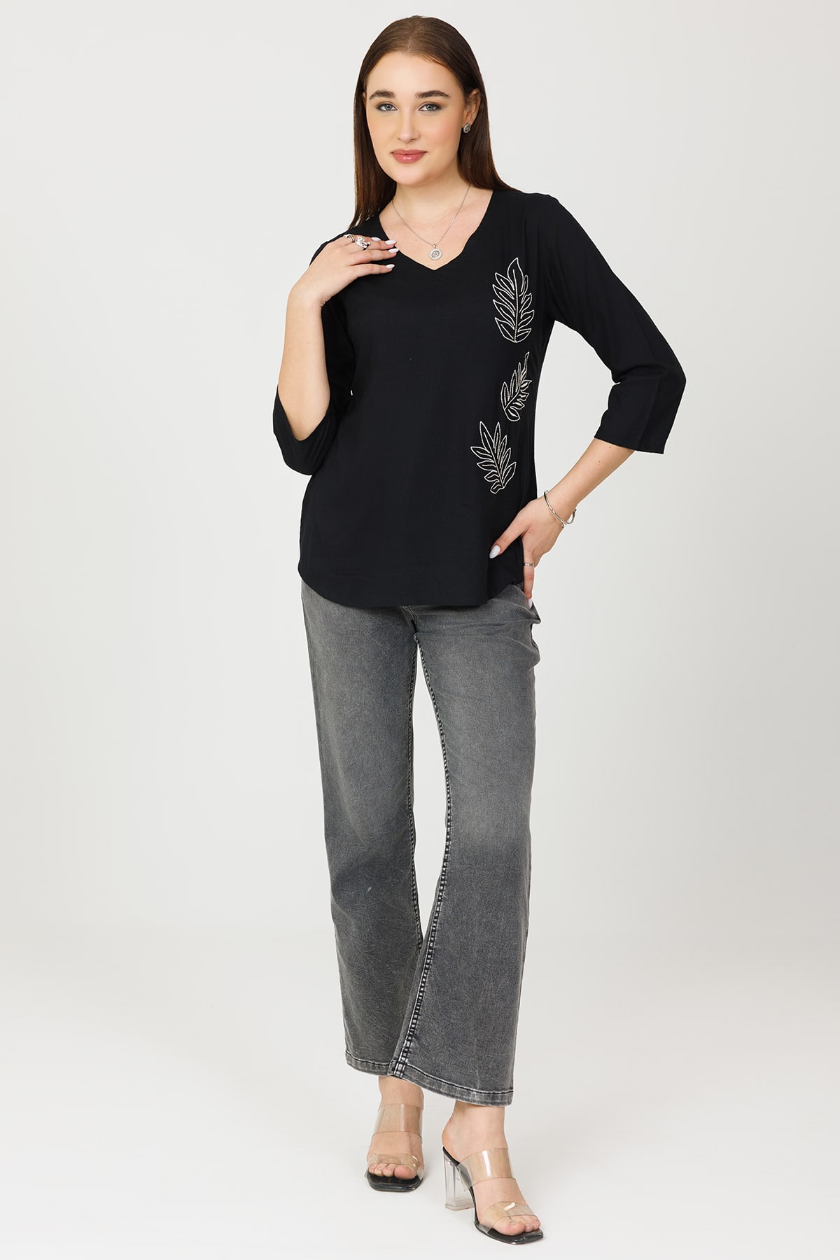 Embroidered Black Top For Women