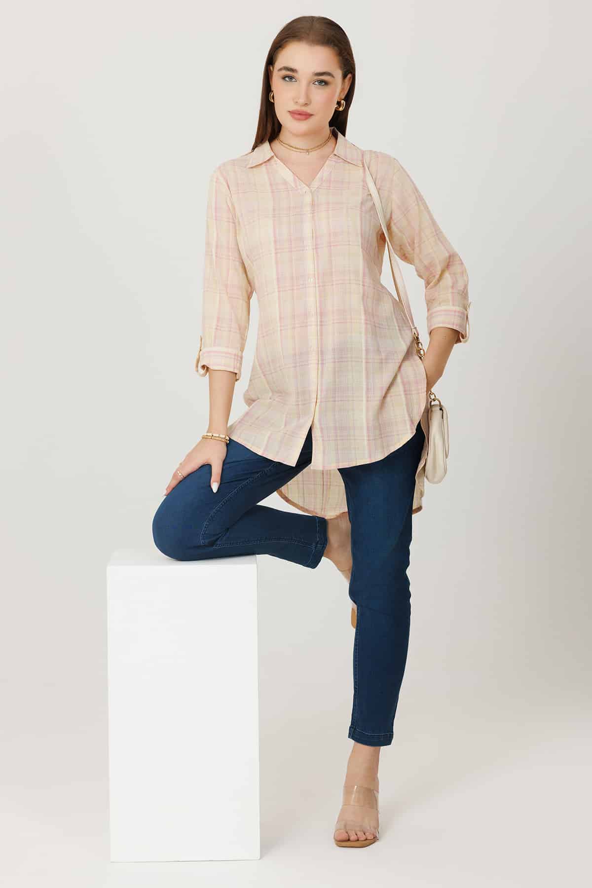 Cream Checks Shirt For Women