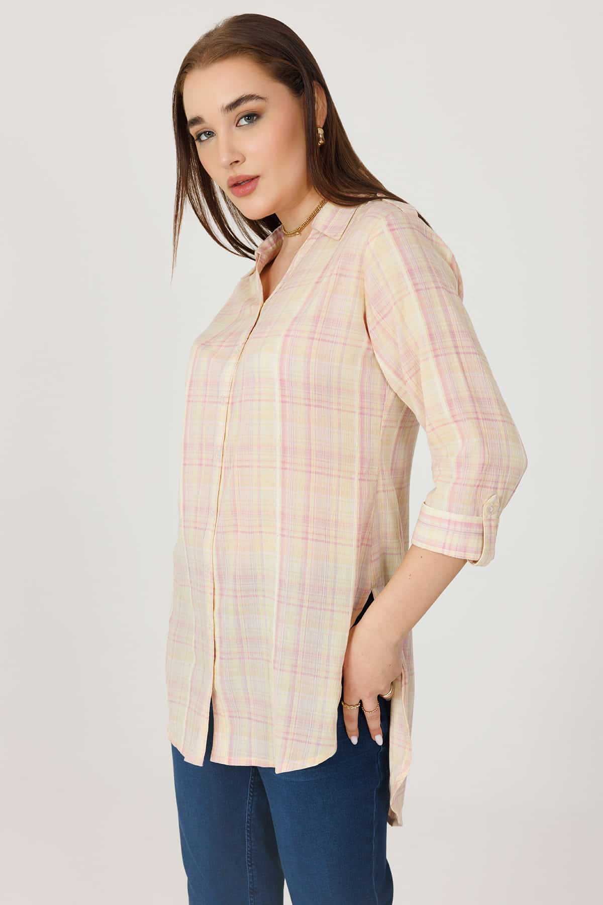 Cream Checks Shirt For Women