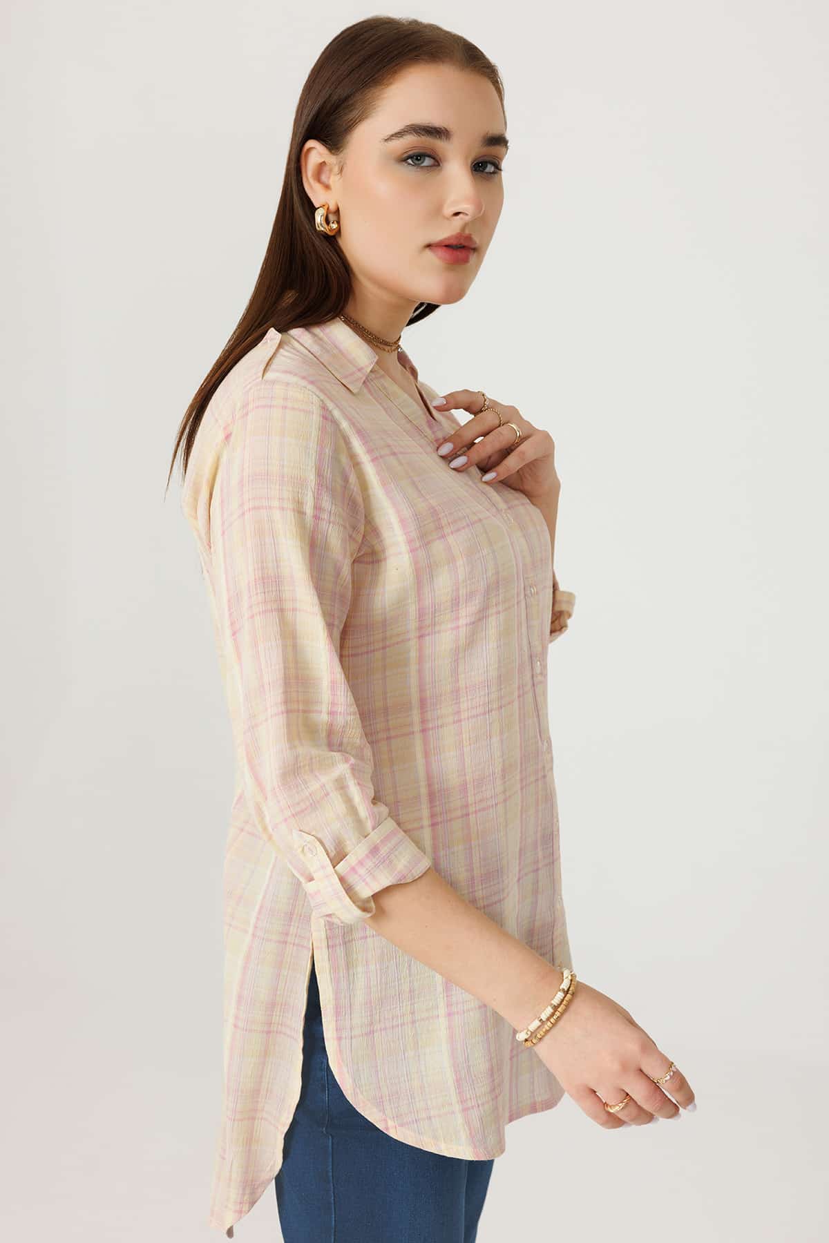 Cream Checks Shirt For Women