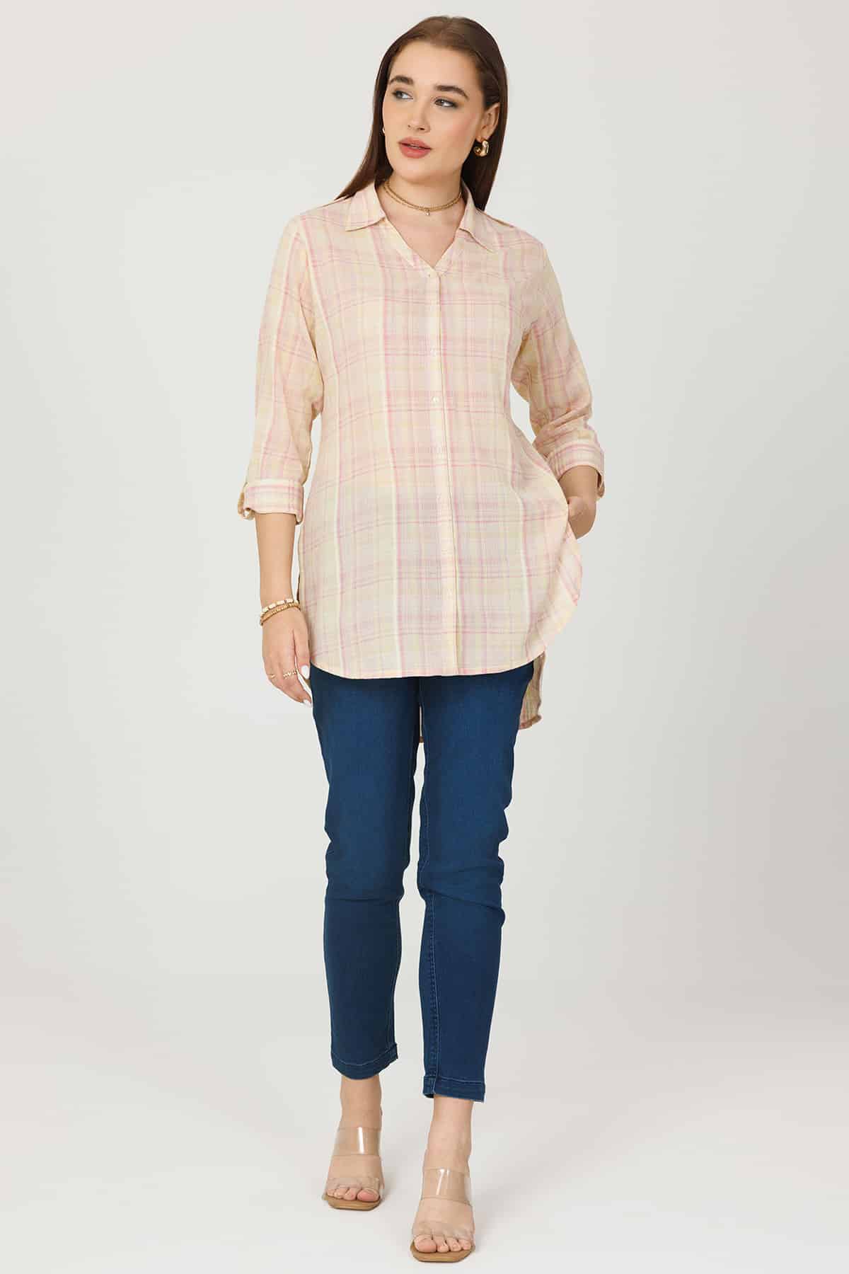 Cream Checks Shirt For Women