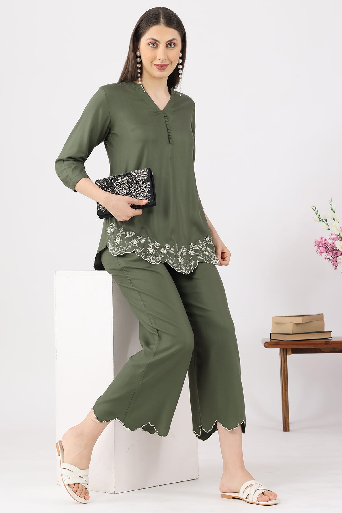 Olive Green Co Ord Top For Women