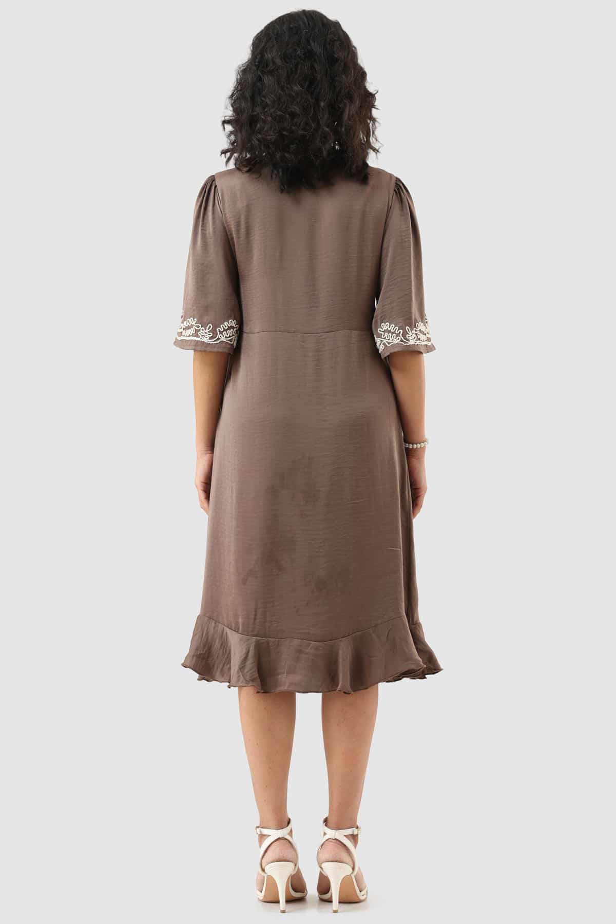 Embroidered Brown Dress For Women