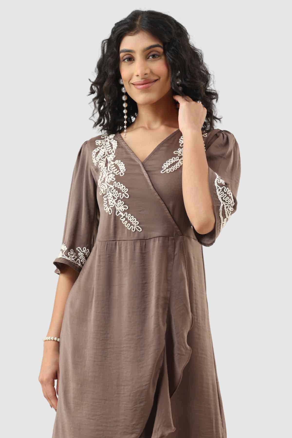 Embroidered Brown Dress For Women
