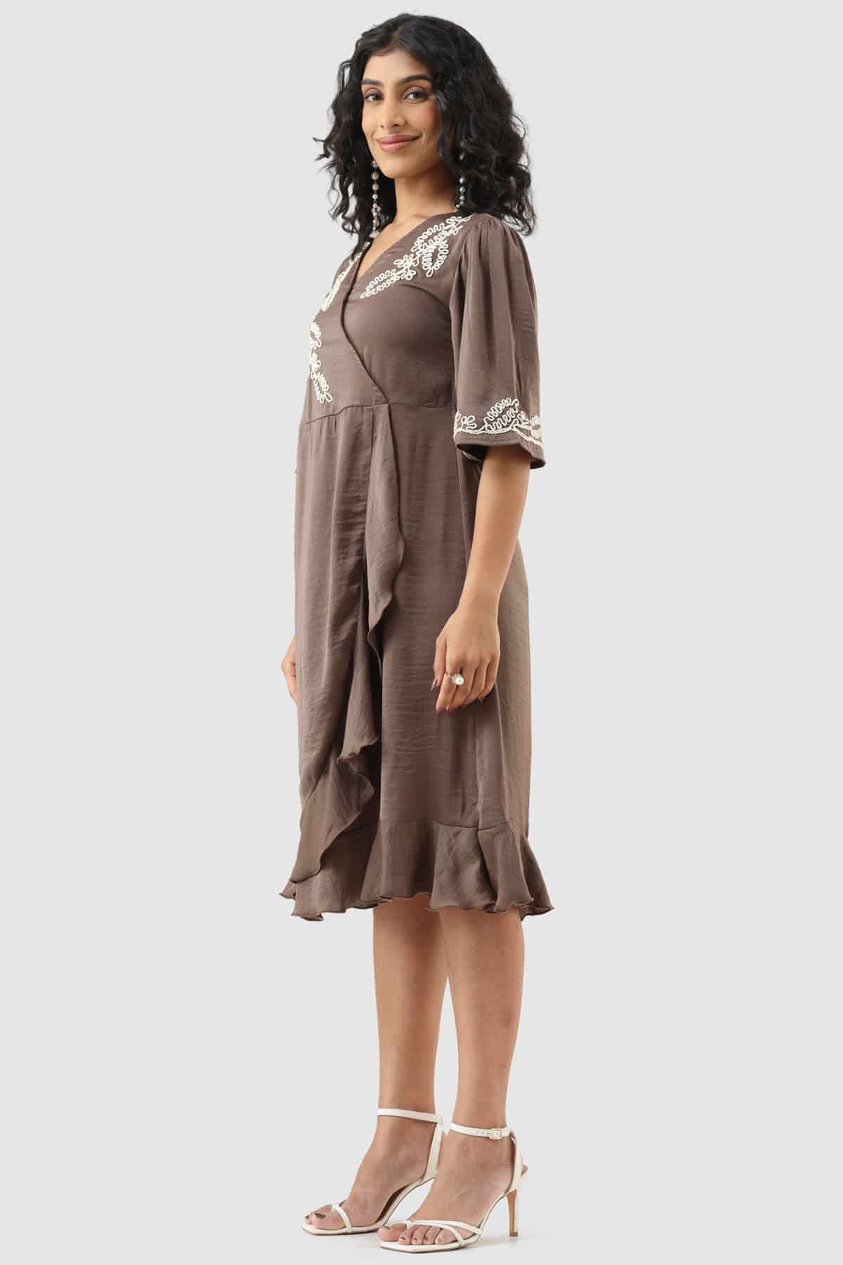 Embroidered Brown Dress For Women