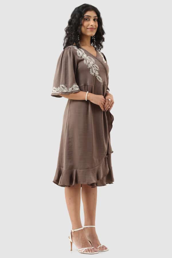 Embroidered Brown Dress For Women