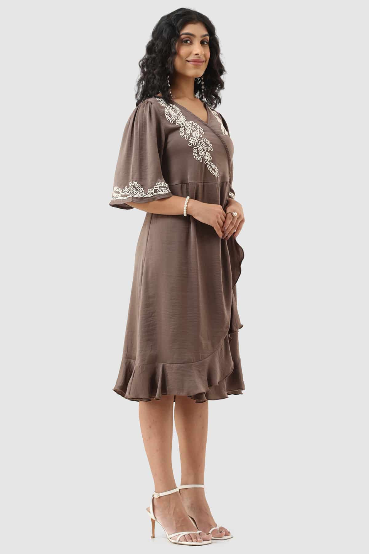 Embroidered Brown Dress For Women