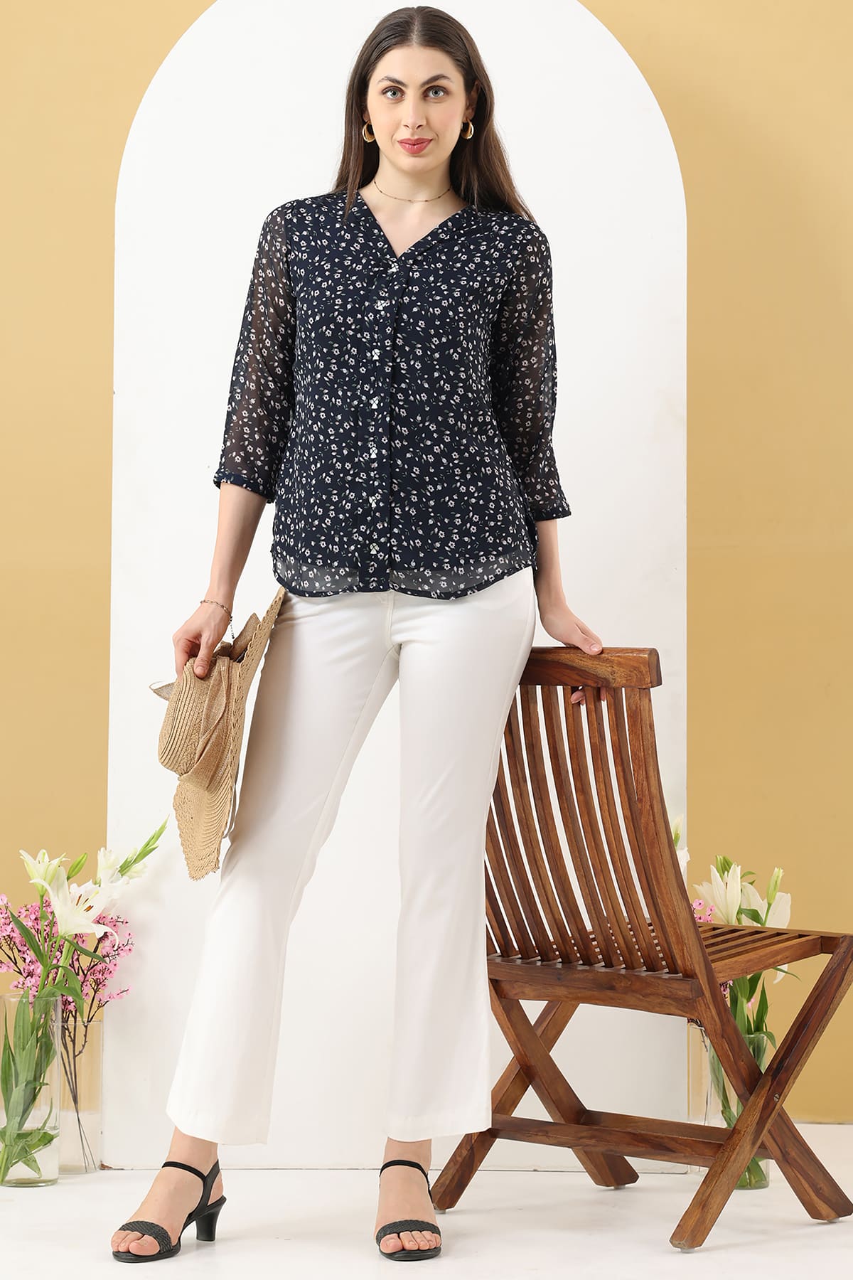 Printed Navy Blue Tops For Women