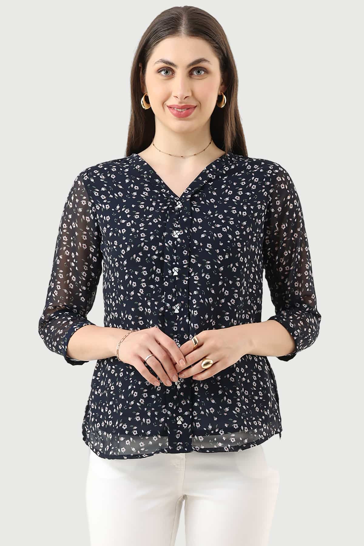 Printed Navy Blue Tops For Women