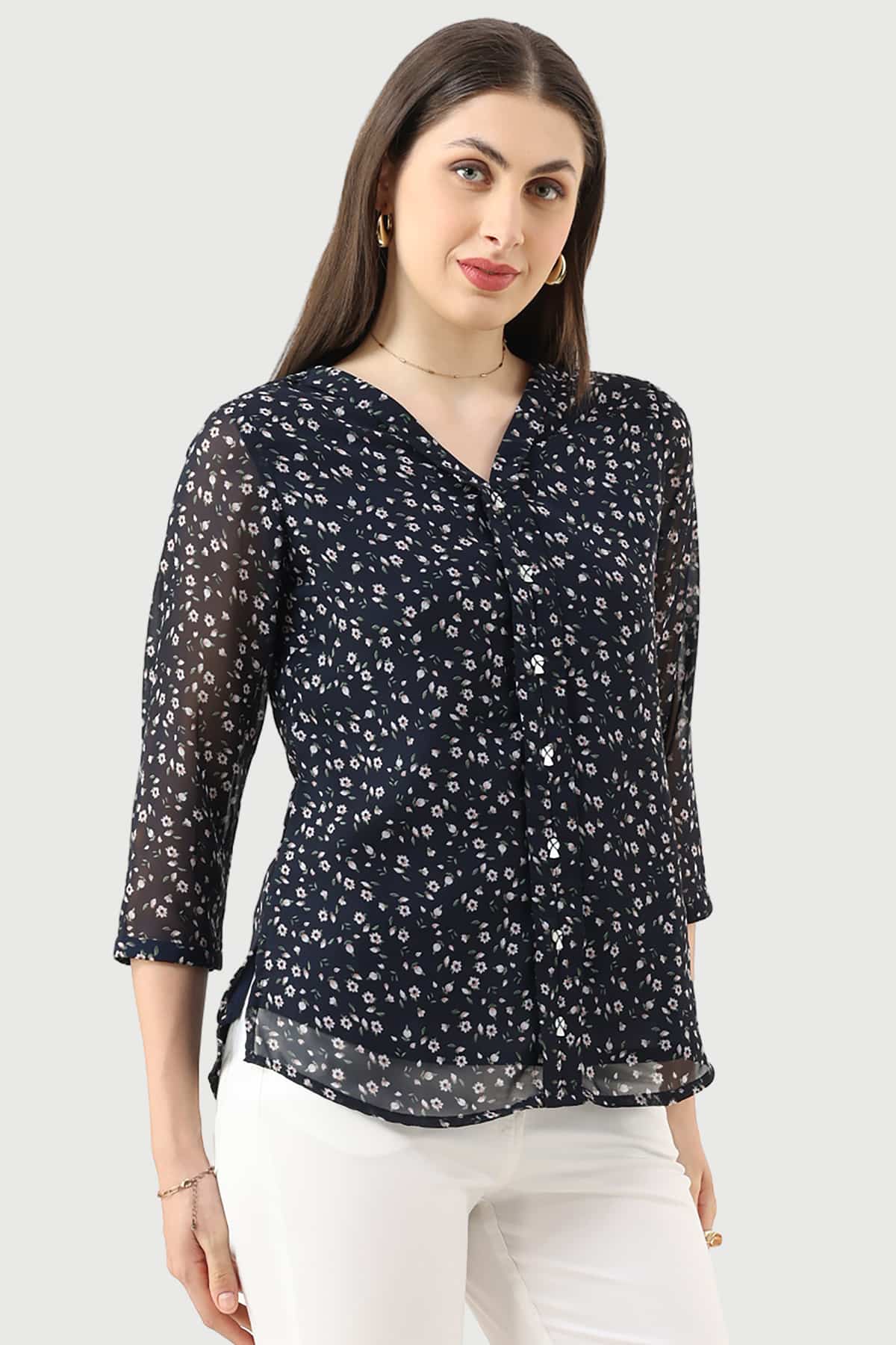 Printed Navy Blue Tops For Women