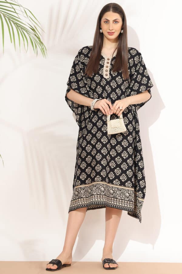 Black And Beige Printed Kaftan Dress For Women