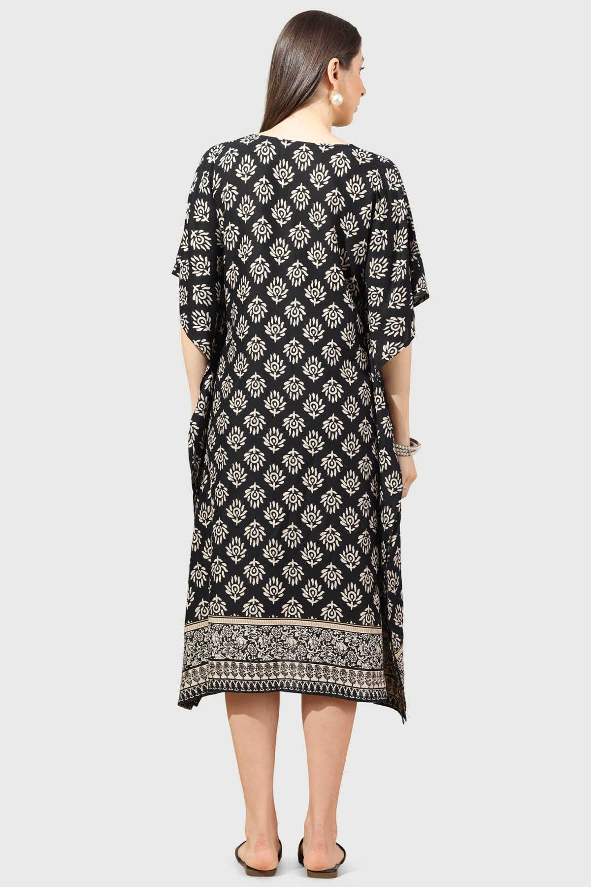 Black And Beige Printed Kaftan Dress For Women